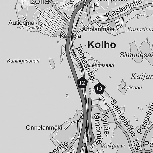 Vilppulan historiareitin Kolhon kartta, johon on merkitty kohde 12, Kolhon lentomuistomerkki ja kohde 13, Bonnen muistomerkki.