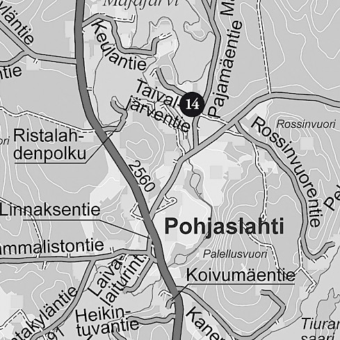 Vilppulan historiareitin Pohjaslahden kartta, johon on merkitty kohde 14, Pohjaslahden kirkko.